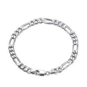 NEW Rhodium Plated 925 Sterling Silver Figaro Chain‎ Bracelet, 8”